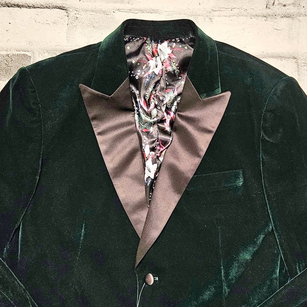 JH Design Green Velvet Tuxedo Blazer Floral Satin Lining 44R Mens - Picture 4 of 12